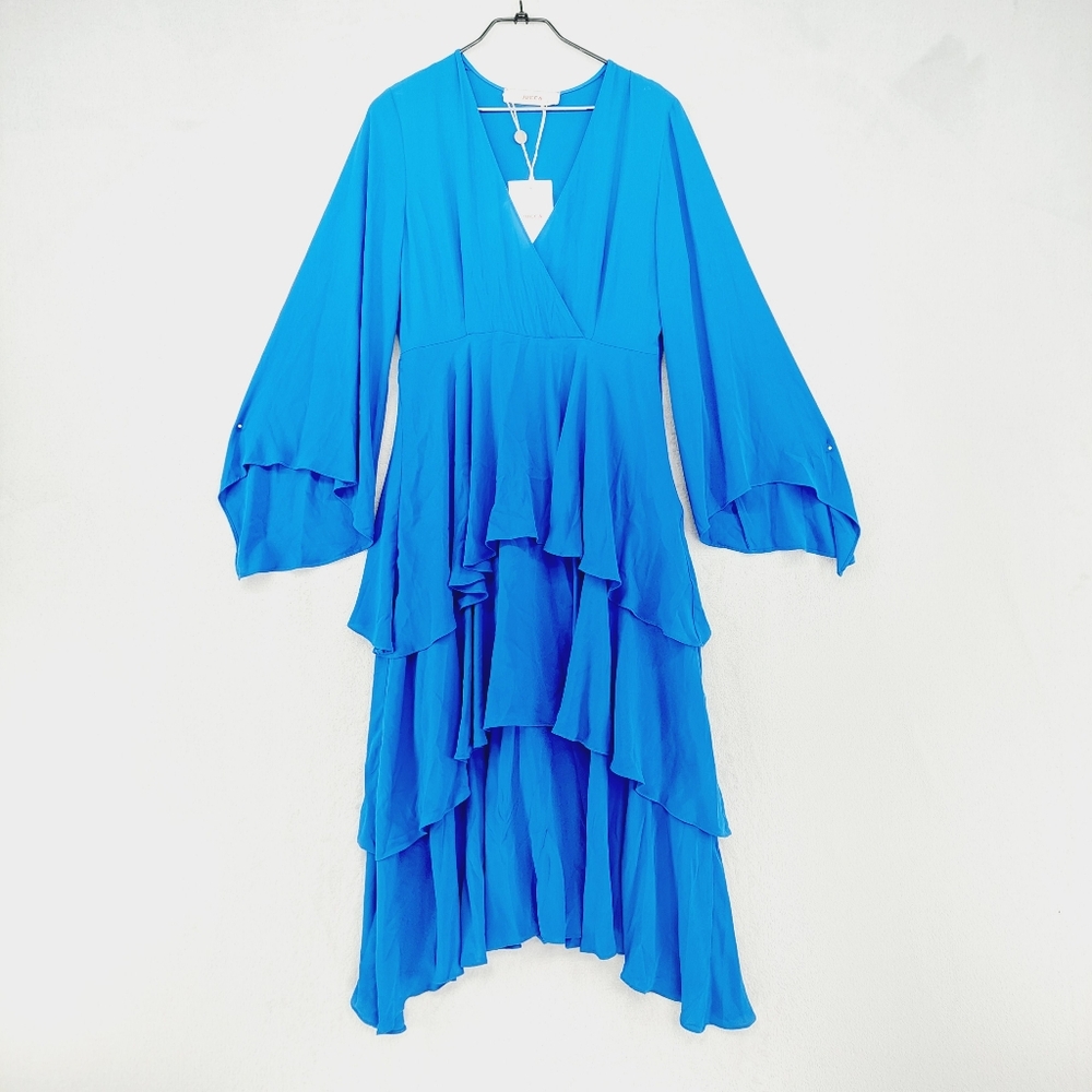 NEW Jucca Blue Layered Ruffle V-Neck Long Sleeve Midi Dress P1370